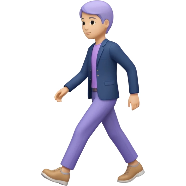 Modern premium 3D emoji icon: faceless gender-neutral person walking (mid-step), smooth rounded shapes, matte + subtle gloss, top-left studio light, soft shadow, faint motion aura (subtle curved trail) behind the body, navy outfit with lavender accent, centered, transparent background, no text emoji