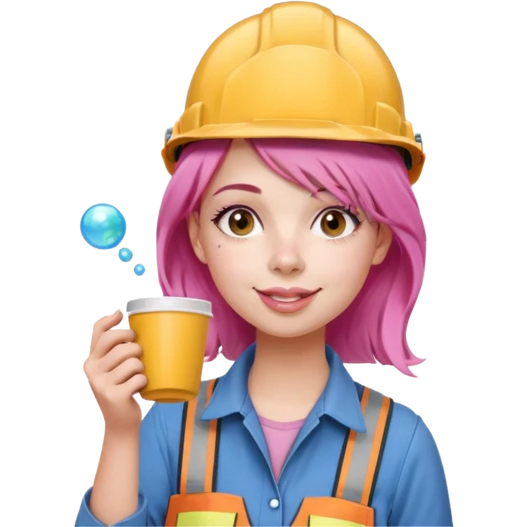 сделай молодую девушку с розовыми волосами, накрашенную красиво, с стаканчиком кофе, в каске, надувающую пузырь из жвачки ртом emoji