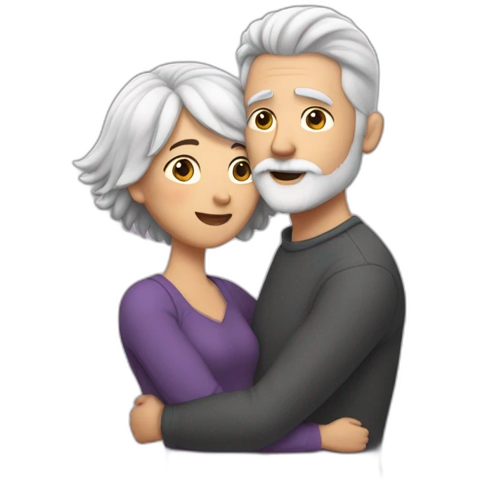 Man with gray hair and white beard hugs woman with dark brown hair with floating hearts emoji