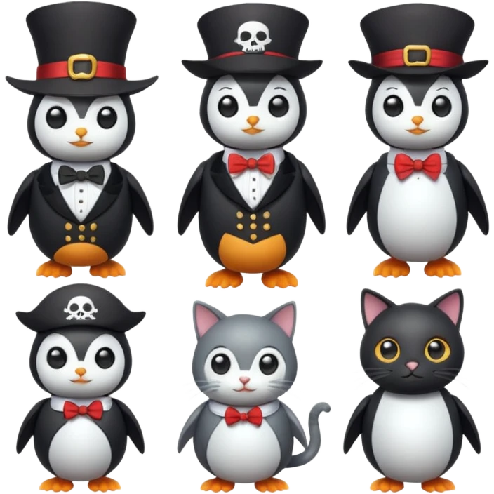 Penguin Wizard, pirata, gato con sombrero y pajarita y mujer con cuerpo de robot emoji