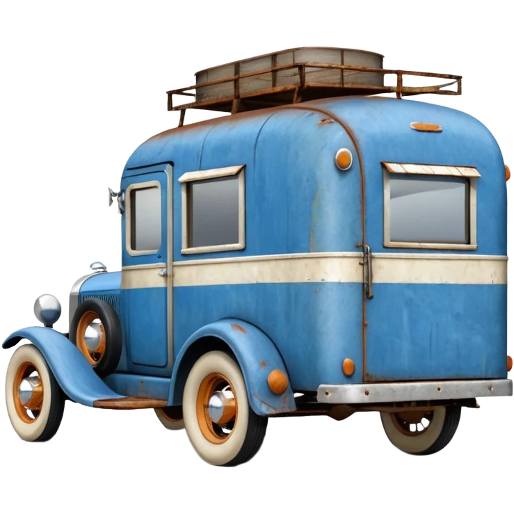 A 1934 ratty rat Chevrolet hot rod caravan pulling a large matching trailer, blue and pearl  emoji