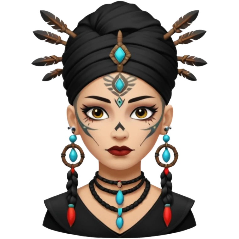 white shaman woman black clothes black accesories face tattoos emoji