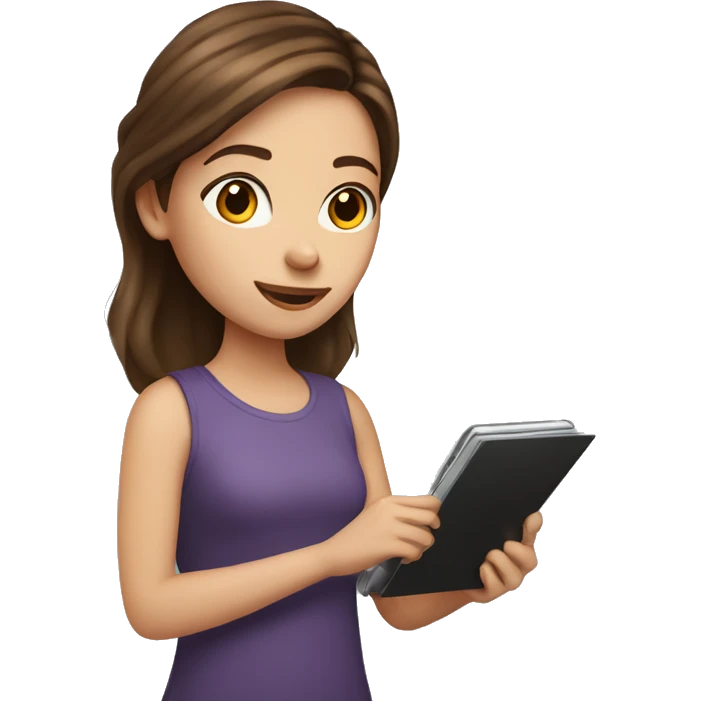 Girl with brown hair holding a kindle emoji