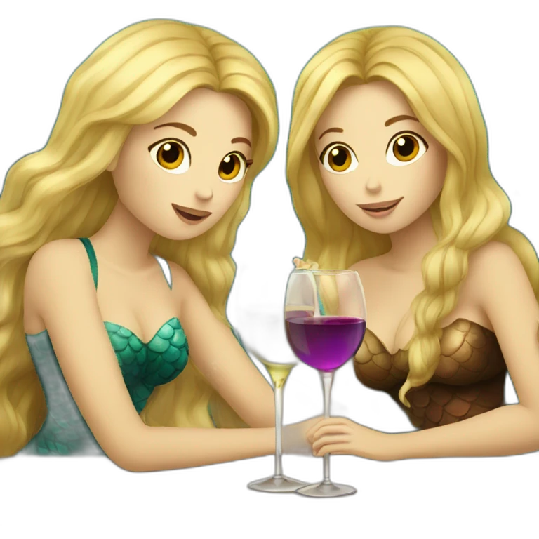 One blond mermaid and two brown hair mermaids drinking wine emoji