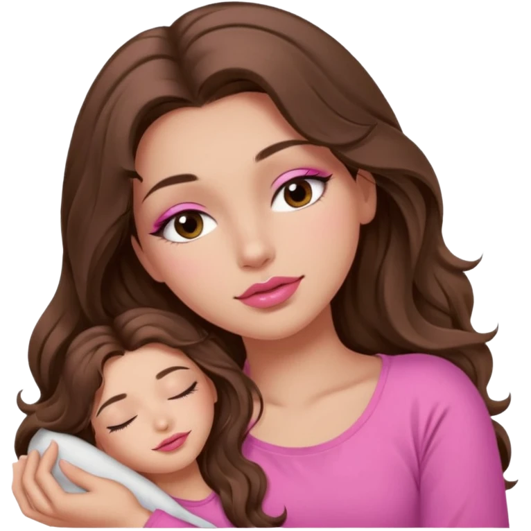girl with long wavy brown hair, brown eyes, long lashes makeup, sexy pink lips, light to medium complexion, wearing a pink sexy top, sleeping emoji