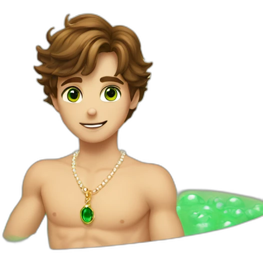 Posh-muscle-boy-brown-hair-green-eyes-pearl-necklace-in-golden-bathtub emoji
