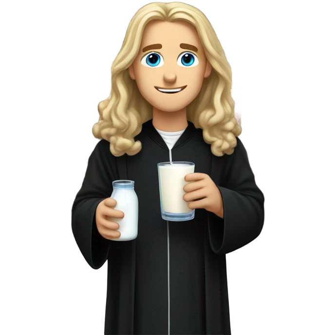 Young long haired blonde priest with blue eyes and black robes drinking milk emoji
