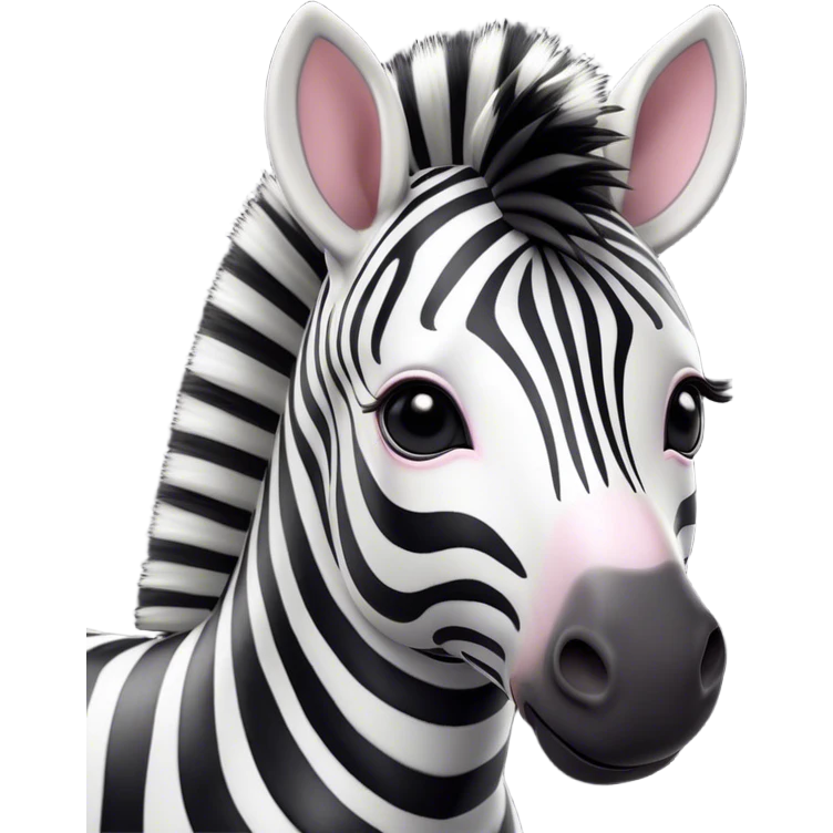 Cinematic Cute Zebra Portrait Emoji, Head tilted playfully and inquisitively, featuring a glossy, intricately striped fur of black and white, a refined, horse-like head with a long snout and alert ears, and round, sparkling eyes filled with curious wonder, Simplified yet irresistibly adorable features, highly detailed, glowing with a warm, friendly glow, high shine, affectionate and spirited, stylized with a touch of savannah whimsy, bright and endearing, soft glowing outline, capturing the essence of a mischievous yet loving zebra that feels like it could prance out of the screen and into your arms! emoji