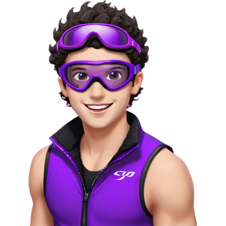 close-up of cool guy male athlete with white skin and moderately curly dark brown hair on top with shaved sides, wearing ski goggles with purple frames and very dark black lenses, winking behind the goggles, with an open mouth confident smile like a cool guy, a simple plain black chain necklace, and a completely unzipped sleeveless vest with purple and black sequin fire pattern design with no logo emoji
