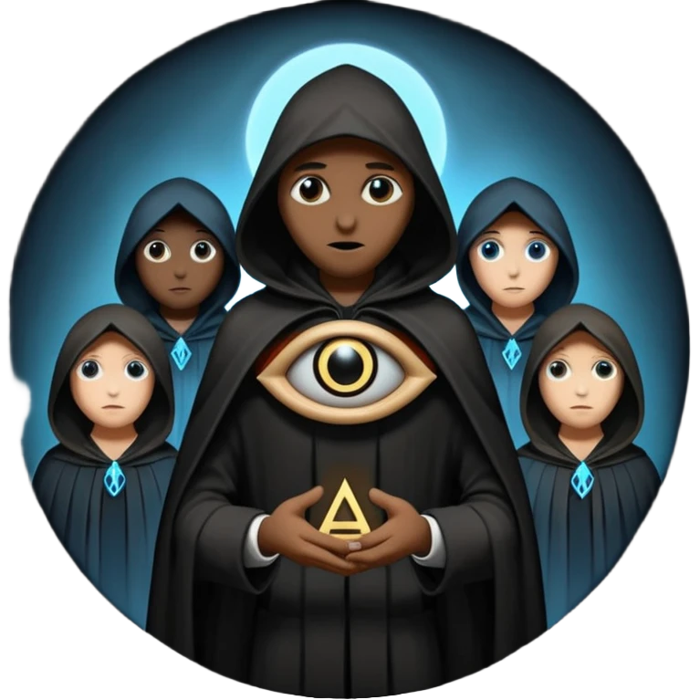 group of shadowy figures in a circle, one with an Illuminati eye symbol, secretive atmosphere emoji