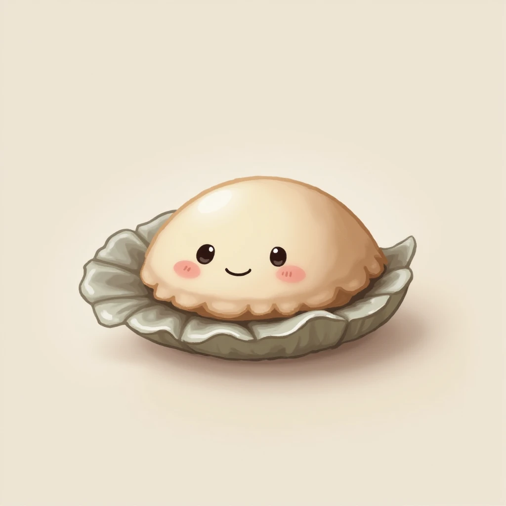 cute oyster, smiling expression, cream color, pink cheeks, doe eyes, greige shell, photorealistic style emoji