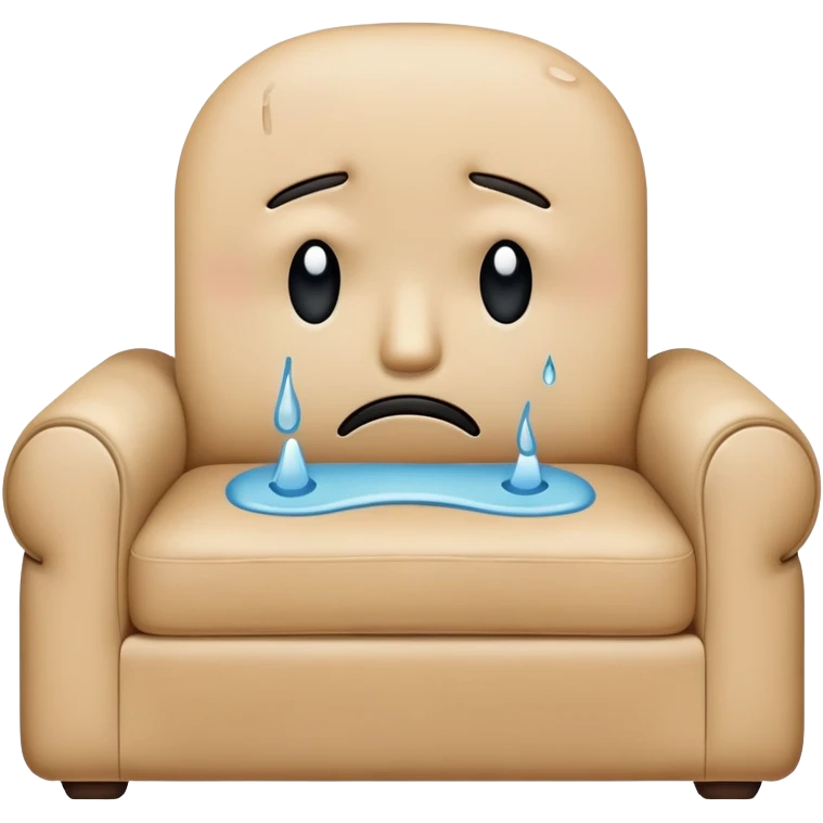 A modern couch with a face that is crying tears and looks sad.  emoji