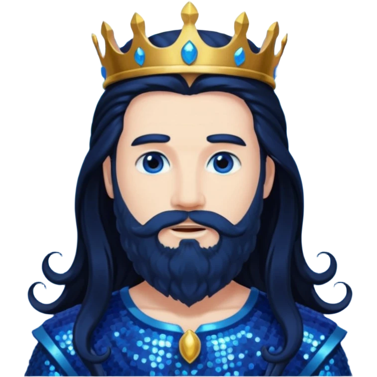 Neptune, King of the Sea from Gods and Goddesses with long black hair and beard, cobalt blue sequin outfit emoji