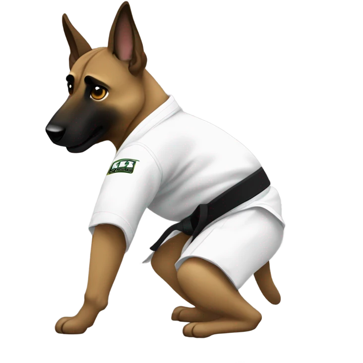 Aggressive Malinois wearing white jiujitsu gi with a black belt emoji