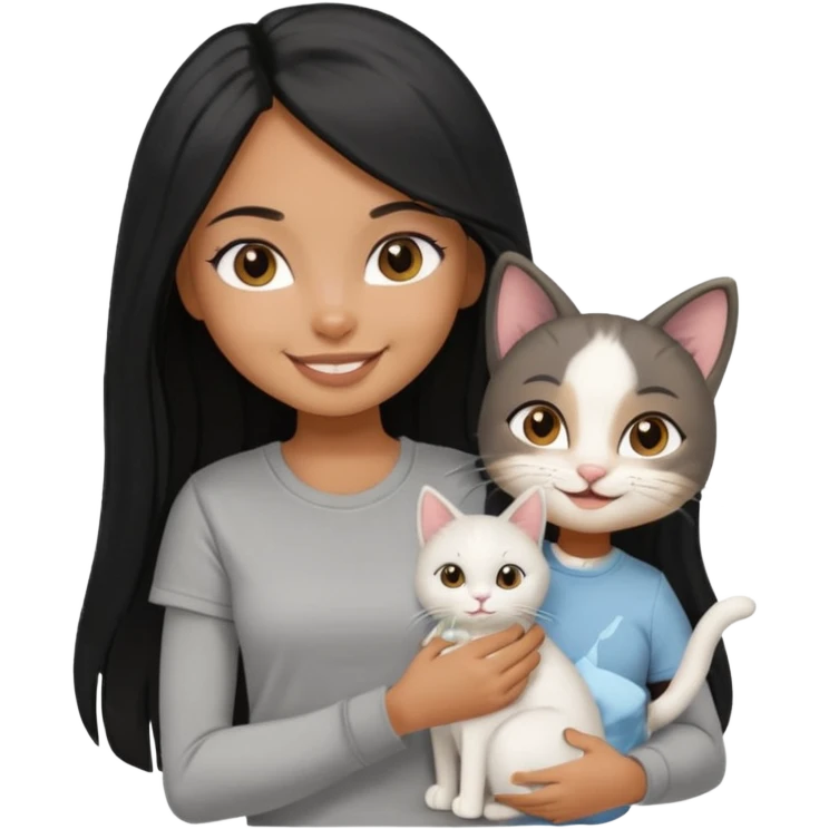 a pretty tan bratz girl with black long straight hair, wearing a grey tshirt smiling and holding a white cat\ emoji