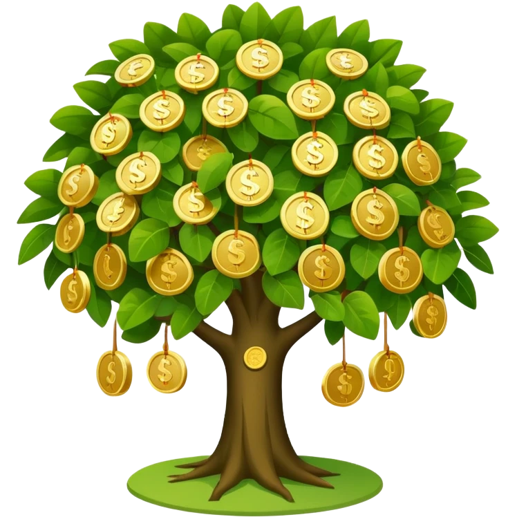 Apple-style money tree (not so mush coins), round soft green canopy.
No pot, no ground — only the tree.
Small gold coins as fruits inside the leaves (not below).
Flat 2D vector, clean shapes, no gradients.
Dark near-black background, premium fintech icon. emoji