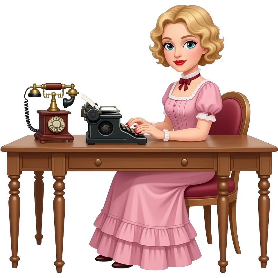 short blonde curly pixie bob hair in a 1800 pink outfit sitting down an antique desk with four wood legs, antique phone, and typing on an antique typewriter with red lipstick, red finger nails and in a Victorian setting emoji