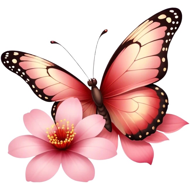 "With wings of Champagne Pink blending into deep Bittersweet Red, the butterfly rests on a flower petal. The contrast of warm tones exudes elegance and charm." emoji