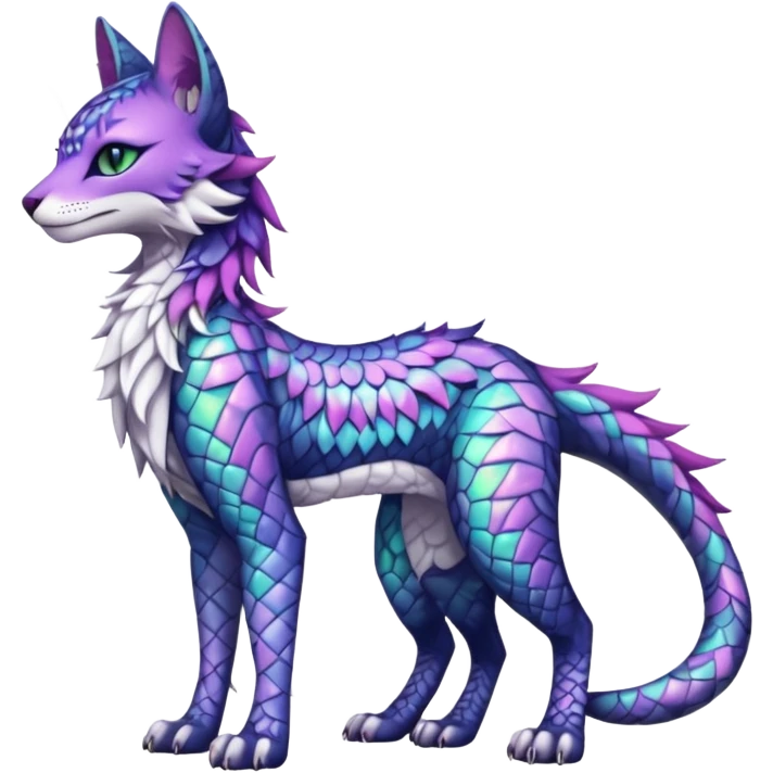 Kawaii iridescent beautiful pretty elegant divine edgy fantasy feline-vernid-sergal-fursona-animal-creature with accessories, full body with intricate pattern-markings  emoji