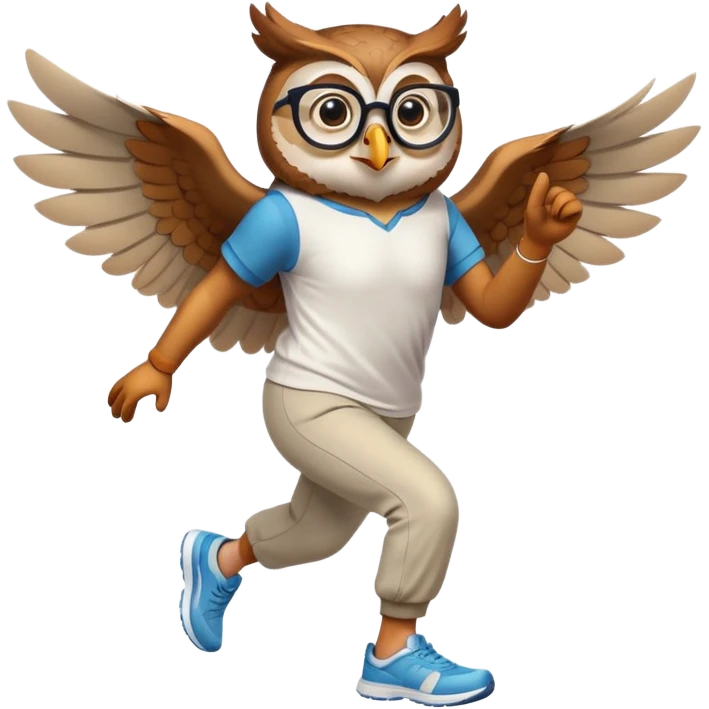 friendly anthropomorphised owl with visible wings, in pants and a shirt, wearing glasses, jogging upright, standard pose emoji