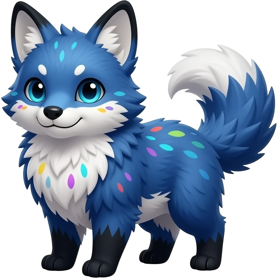 Feral cute hyper-realistic chubby floofy fluffy puffy furry Rare Fantasy vibrant dark shady shaded detailed deep-dark-cobalt-blue-gradients-colored colorful Vernid-Sergal-Genet-Trico-Fox-species by LiLaiRa, with dark-blackish points, white belly, random markings, tufted tail, tufted ears, full body emoji