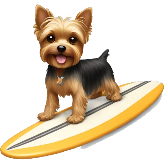 A Yorkie dog riding a surf board holding a dog bone emoji