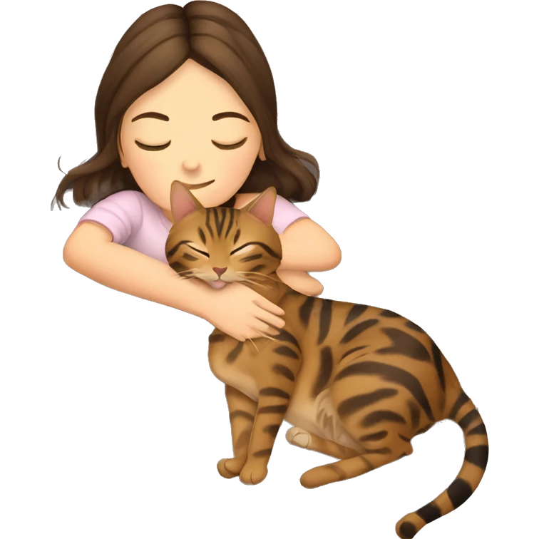 brunette girl sleeping with bengal cat emoji