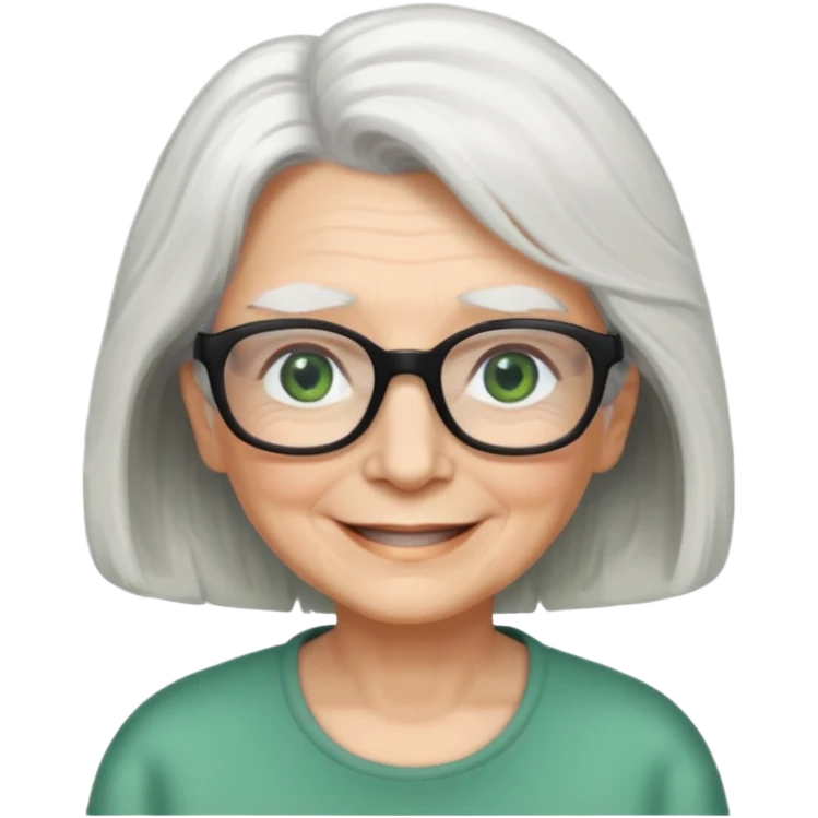 White hair grandma, green eyes, hair to shoulder, lokeg black glasses, rectangles face, smile , emoji