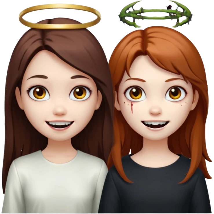 девушка ангел с нимбом и крыльями, с рыжими прямыми волосами по плечи, с улыбкой, стоит рядом с девушка зомби с темными длинными прямыми золосами, со злым выражением лица и ровными белыми зубами в стиле Apple avatar emoji