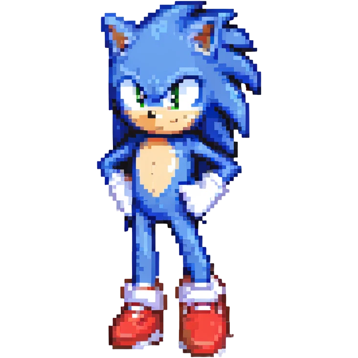 Sonic the Hedgehog in pixel art, standing on a green hill, blue fur, red and white shoes, white gloves, tan belly, palm trees and golden rings in the background, checkerboard terrain emoji