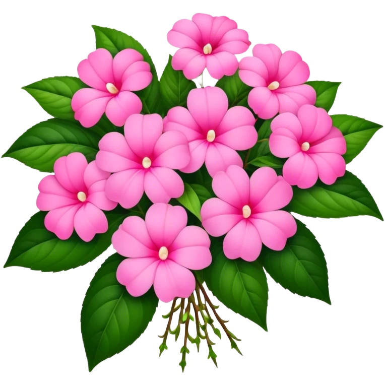 big bouquet pink Impatiens Balsamina flower, stem, leaf emoji