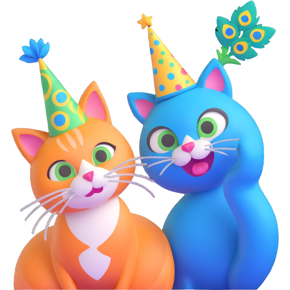 silly peacock with a cat, both wearing party hats emoji