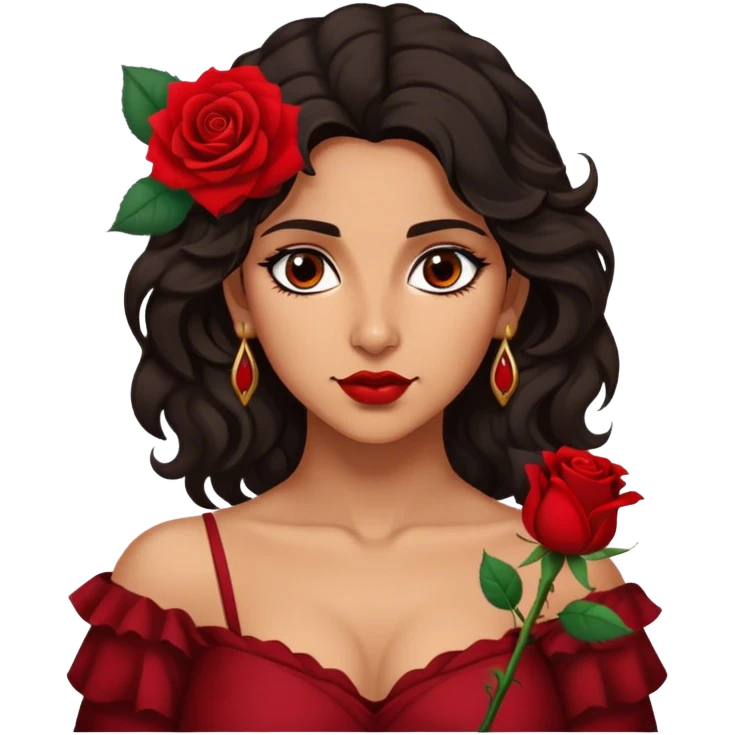 A Romani woman with dark wavy hair, a single red rose tucked behind one ear, and a confident gaze emoji
