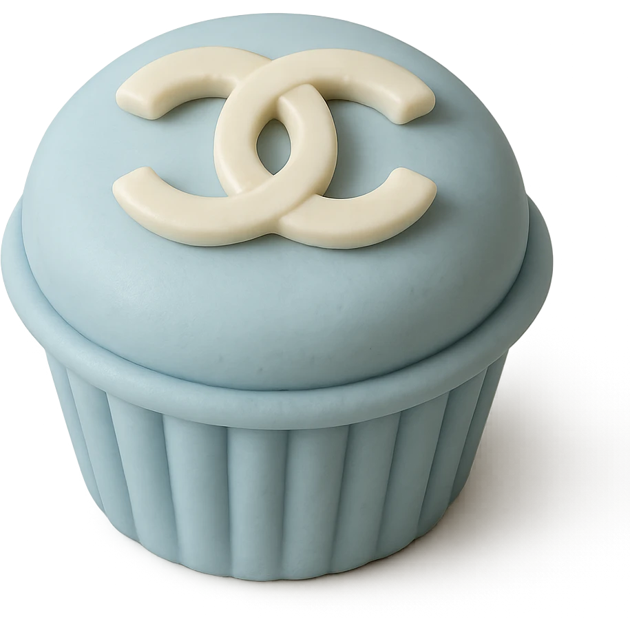 pastel blue Chanel cupcake with a white chocolate logo, elegant emoji