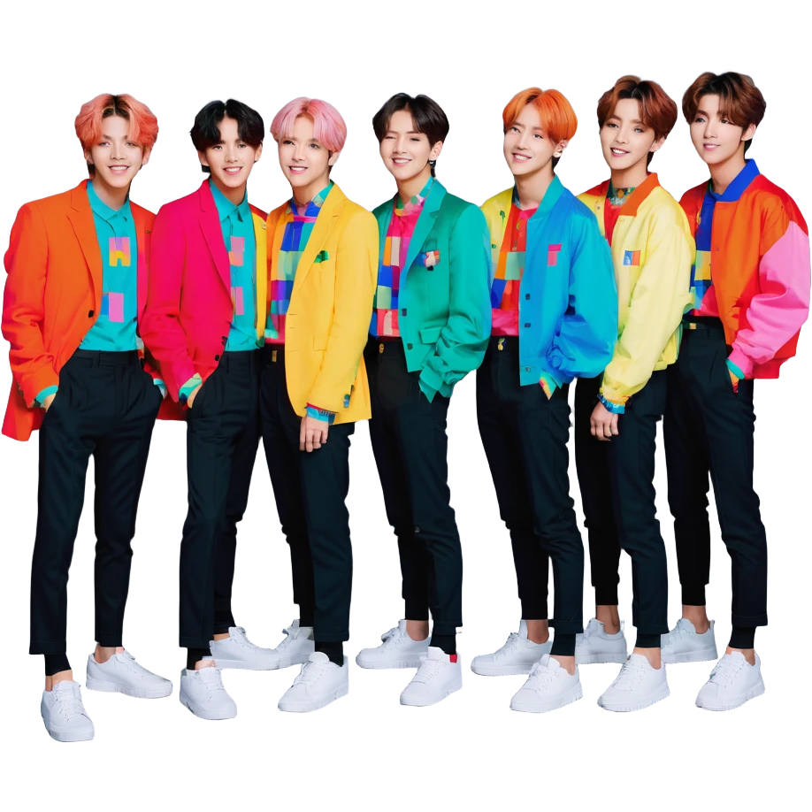 BTS emoji with all members, standing close, smiling, colorful outfits, minimal background emoji