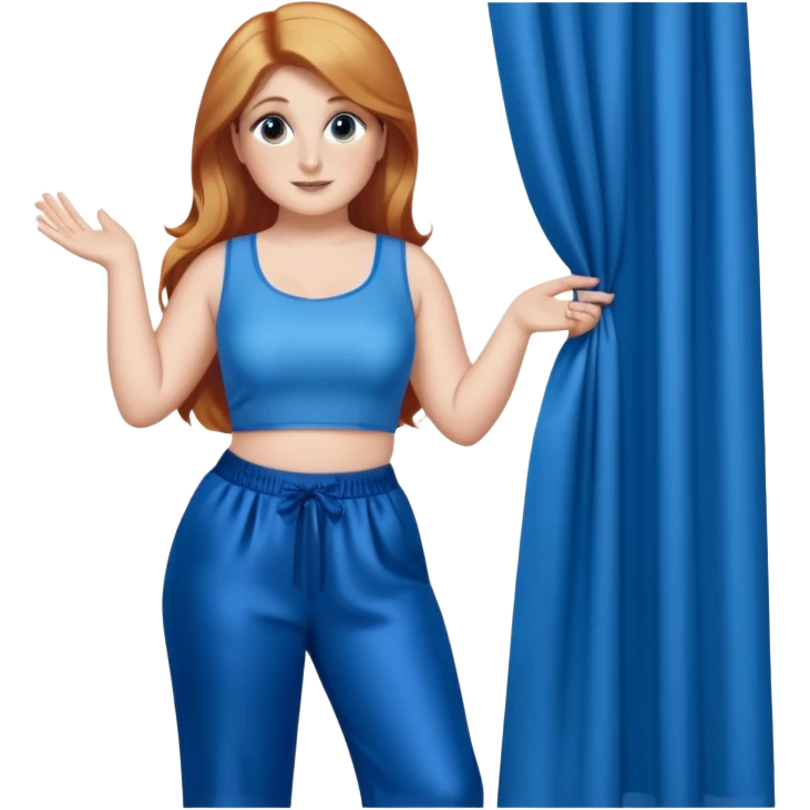 Meghan Trainor dressed in blue crop and blue silk pants holding blue curtain  emoji