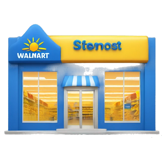 “Walmart store with a simple, recognizable design, featuring the iconic sunburst logo, blue and yellow color scheme, and storefront details that convey a large retail environment.” emoji