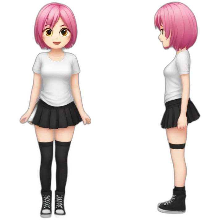 Full body Front view curvy emo girl pink hair sits on the floor straight view hands up black skirt белые трусики emoji
