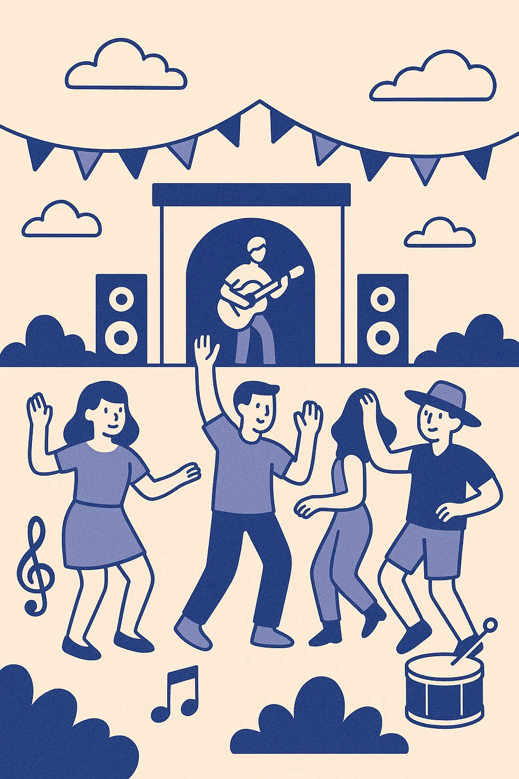 music festival, people dancing, open air, musical instruments, festive decorations, flat illustration style emoji