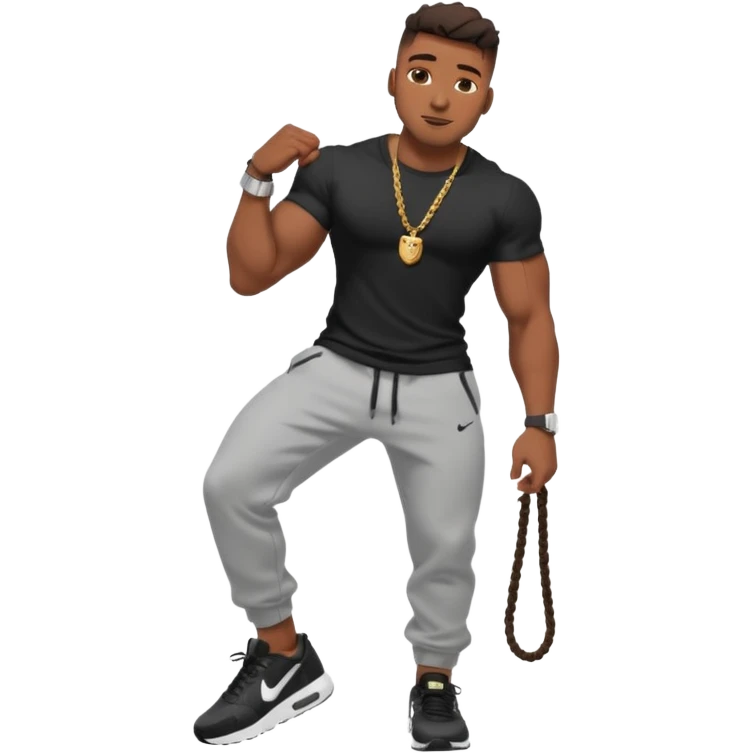Handsome Black guy with brown skin tone, with muscular build, wearing black sweatpants, a white t-shirt, black Nike air max, a small rope chain, and a watch  emoji
