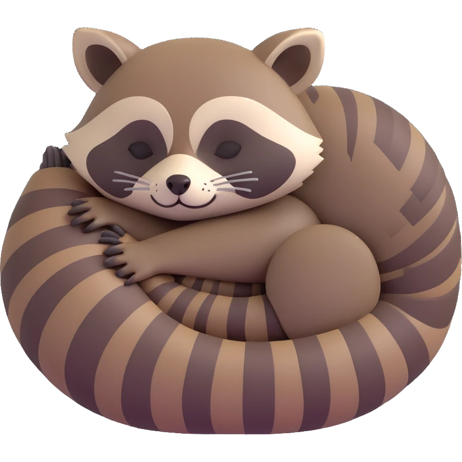 3D raccoon, curled up, sleeping, soft lighting emoji