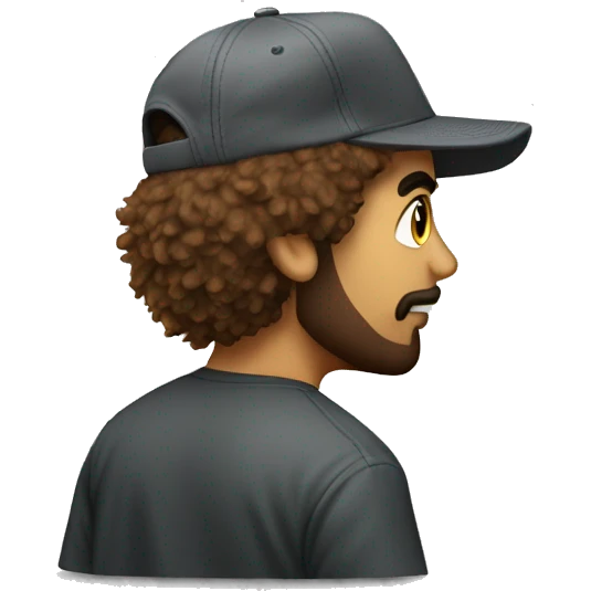 Shaggy-haired graphic designer baseball hat backwards emoji