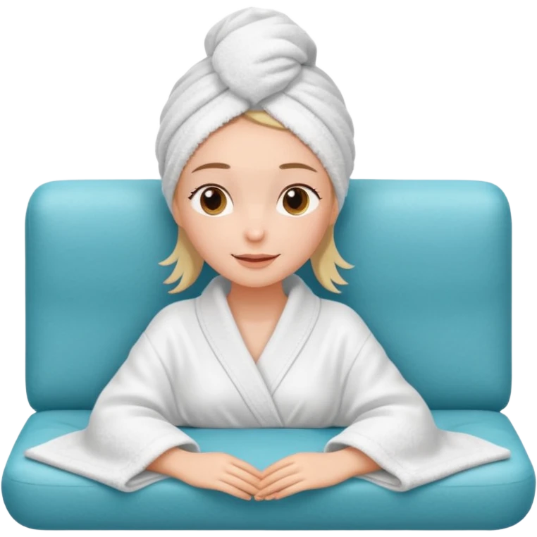spa A contented and relaxed girl with a towel on her head in a white robe lies on a couch emoji