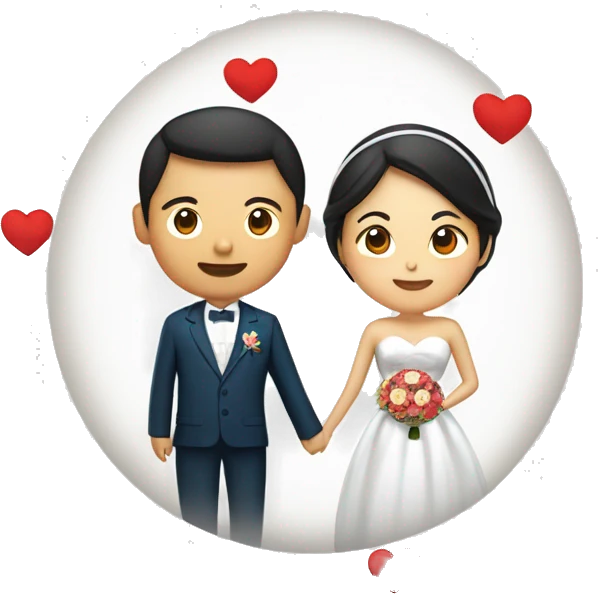 korean man and southeast asian woman side by side in wedding attire, they should be inside a globe. include a ring or heart above them to symbolise marriage. emoji
