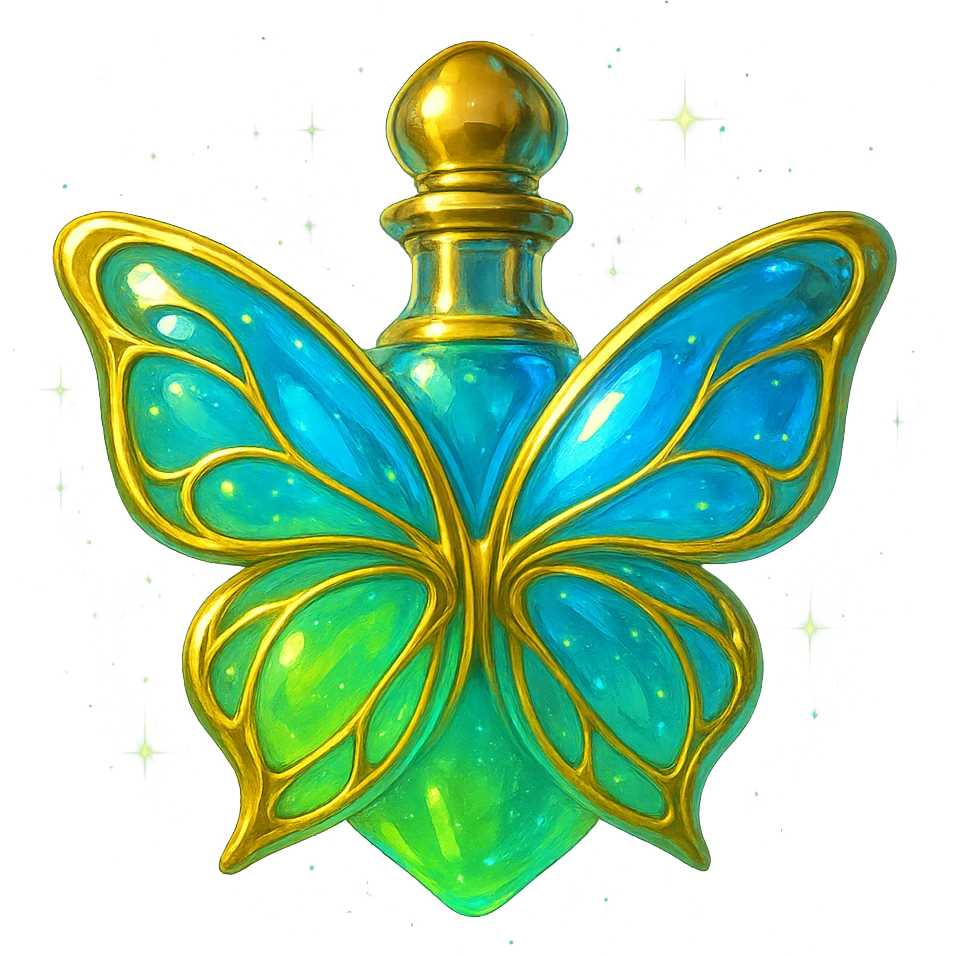 Elegant crystal butterfly-shaped bottle with golden details, floating in the air with no base or shadow, bottom smoothly and seamlessly connected, short neck suitable for Discord role icon, dominant colors light green #c0ff53 and blue similar to previous blue variant, bright fantasy style design with glowing and magical effects around, transparent background emoji