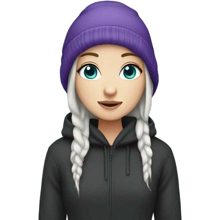 White girl, blue eyes, long teal hair, purple beanie hat, black hoodie emoji