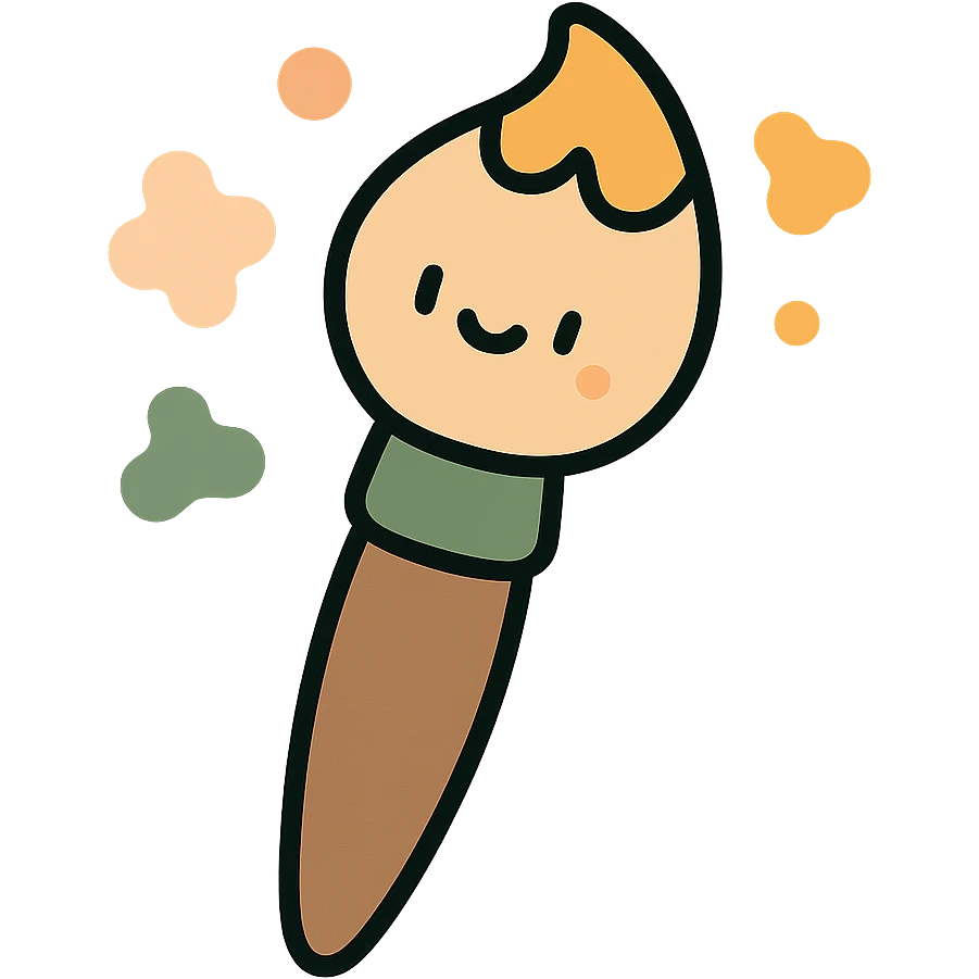 A cute and whimsical artist's paintbrush with a soft and cozy design, featuring a warm color palette: golden orange (FA9B41), deep forest green (4A7C5C), muted taupe brown (96775A), and pastel peach (FFCC9A). The brush has a delicate wooden handle in muted brown, with the bristles slightly fanned out, holding a touch of paint in shades of peach and orange. The tip of the brush is dipped in a soft golden hue, and tiny splashes of paint in the palette’s colors are gently scattered around. The overall mood is playful, artistic, and charming, evoking a sense of creativity and warmth. emoji