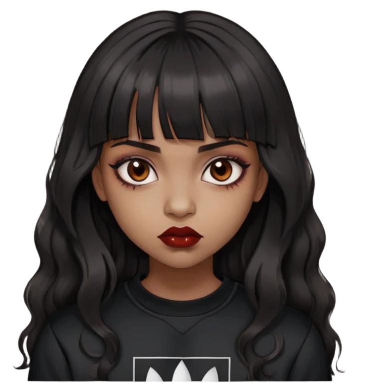 Brown girl but not too dark, super black hair, wavy hair and straight bangs, brown eyes, vampiric or gothic appearance, a little blood only on the lips, skin tone is kind of brown, she's not that tanned, Long hair, black Adidas sweatshirt  emoji