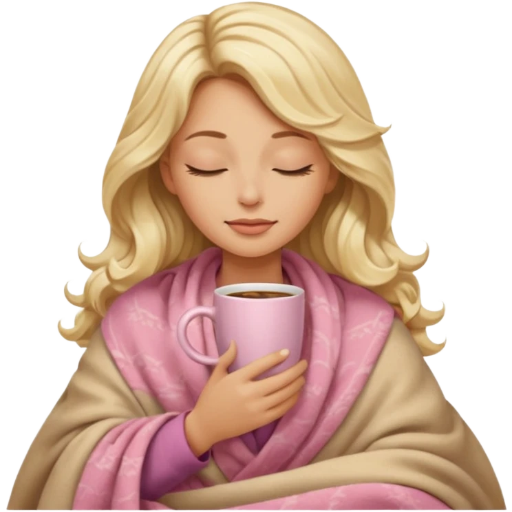 Blonde long wavy hair lady inside a beige and light pink blanket sipping coffe with eyes closed  emoji