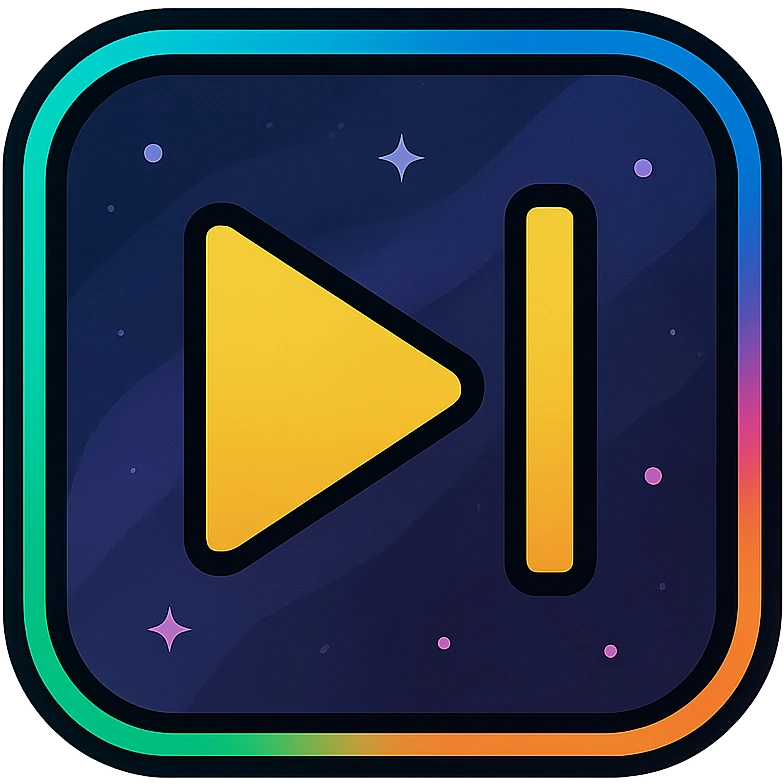 previous song icon with dark purples, blues, black base, neon glowing border, sophisticated nebula gradients, subtle small stars, clean lines, minimalistic, luminous effect, accent colors cyan, pink, yellow, green, orange, professional look, consistent with media controls set emoji